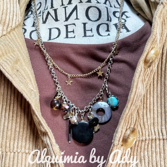 Turquoise and onyx layered multi charms necklace - Picture 2 of 4